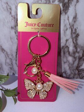 Juicy Couture Butterfly Keychain Gold Rhinestone Tassel Pink Bag Charm